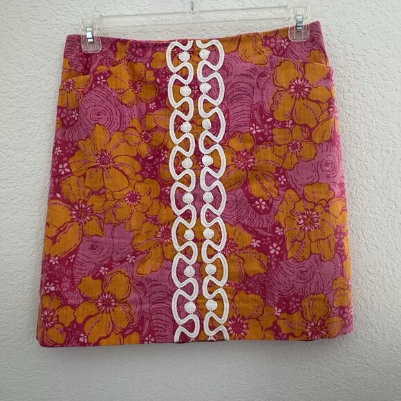 Lilly Pulitzer Skirt 6 Pink/Orange Cotton Elephant Hibiscus 18" Grannycore Beach - Picture 2 of 13